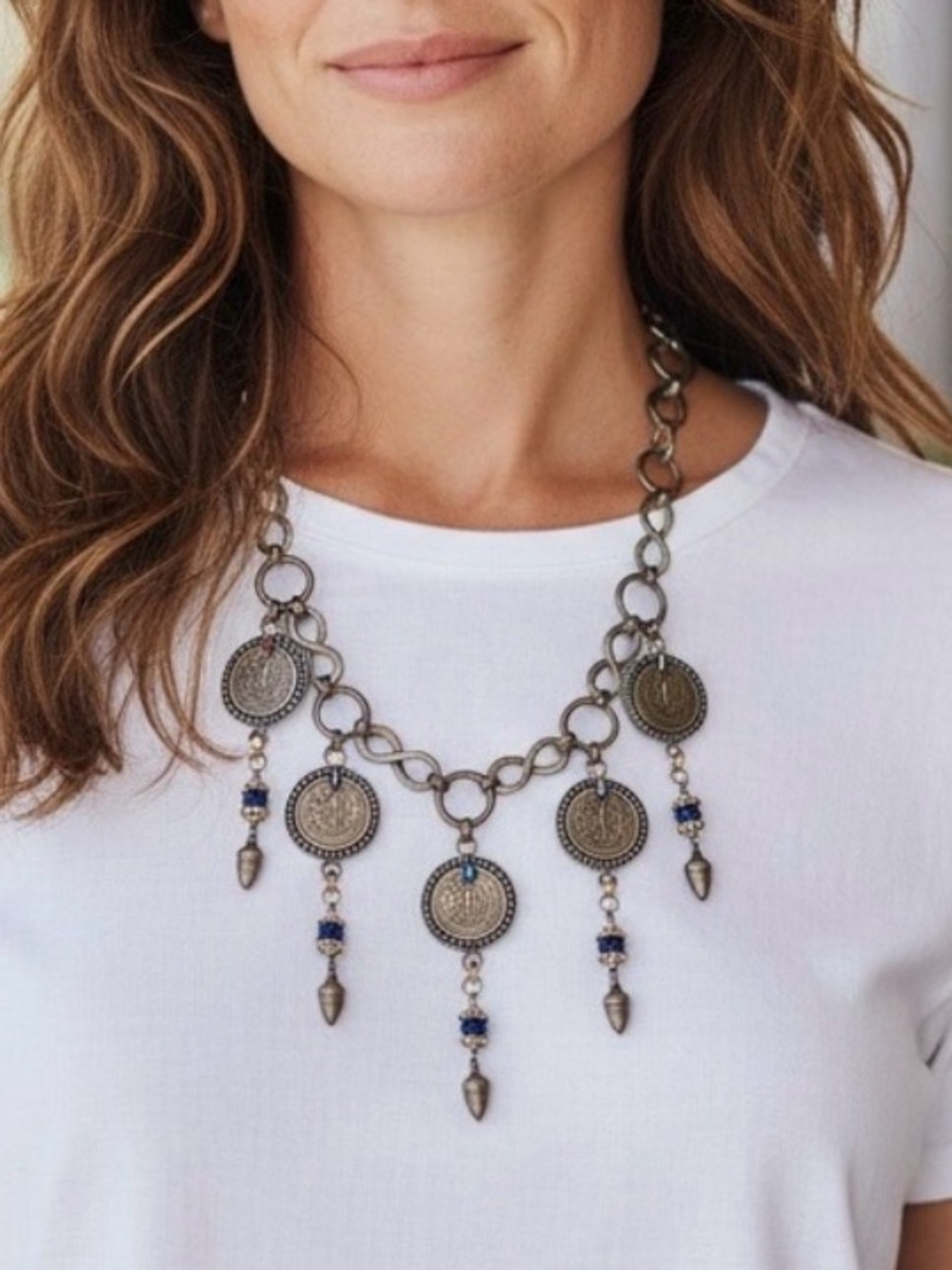 Silver & Gold Toned Replica Style Statement Ancient Coin Necklace 18”